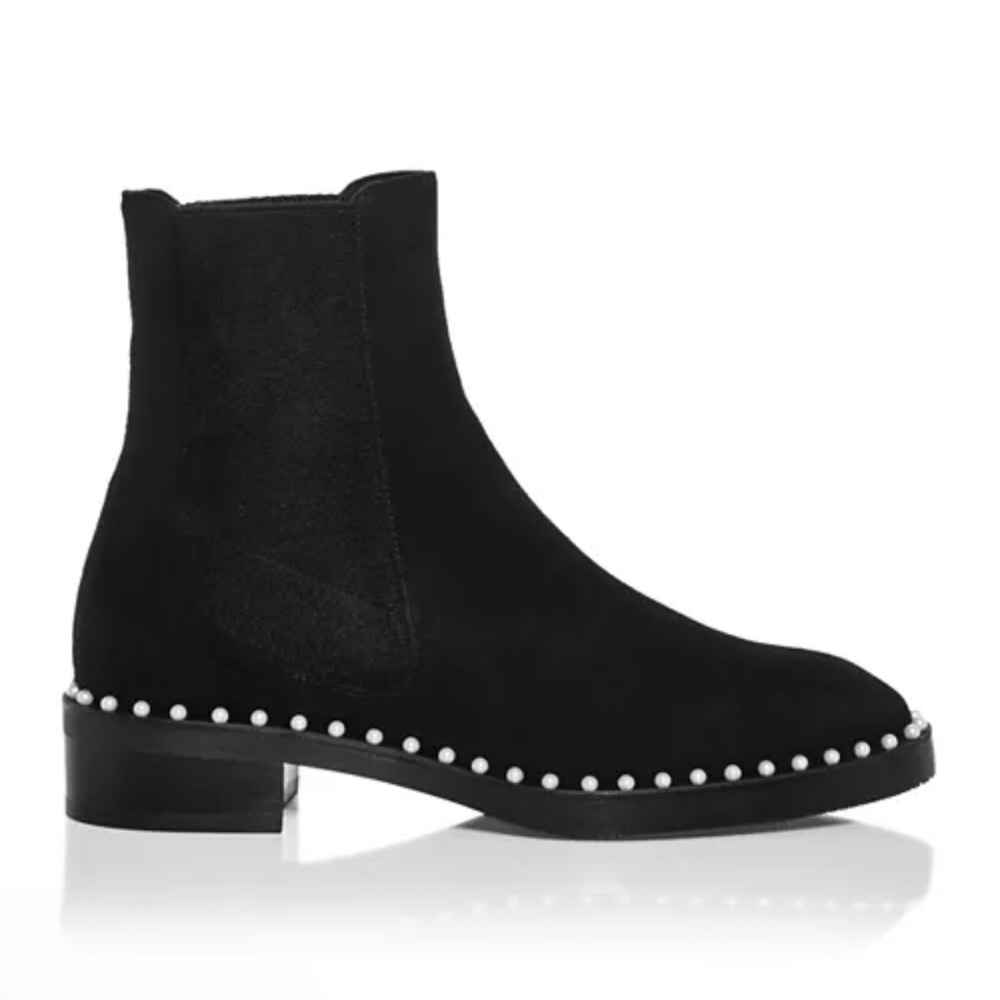 NEW Stuart Weitzman Cline Pearl Embellished Suede Low Heel Bootie Boot Black